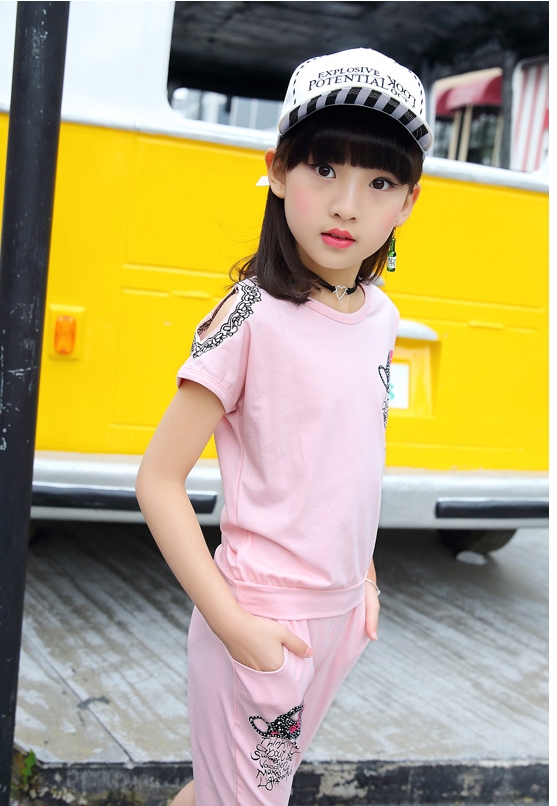 童装女童夏装2018儿童短袖休闲两件套装小女孩烫钻露肩中大童套装 编辑